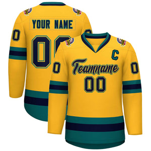 Custom Gold Navy Gold-Aqua Classic Style Hockey Jersey