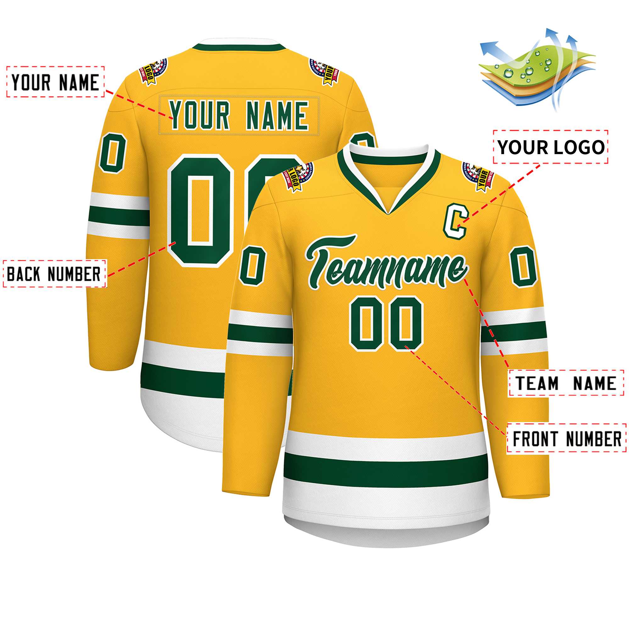 Custom Gold Green-White Classic Style Hockey Jersey