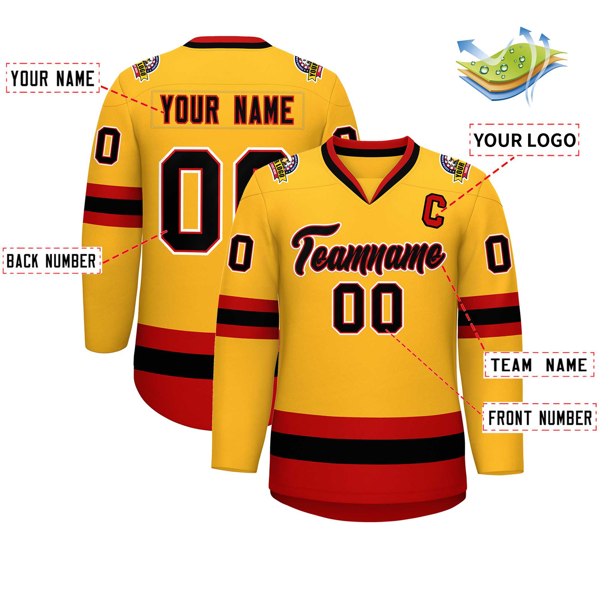 Custom Gold Black Red-White Classic Style Hockey Jersey