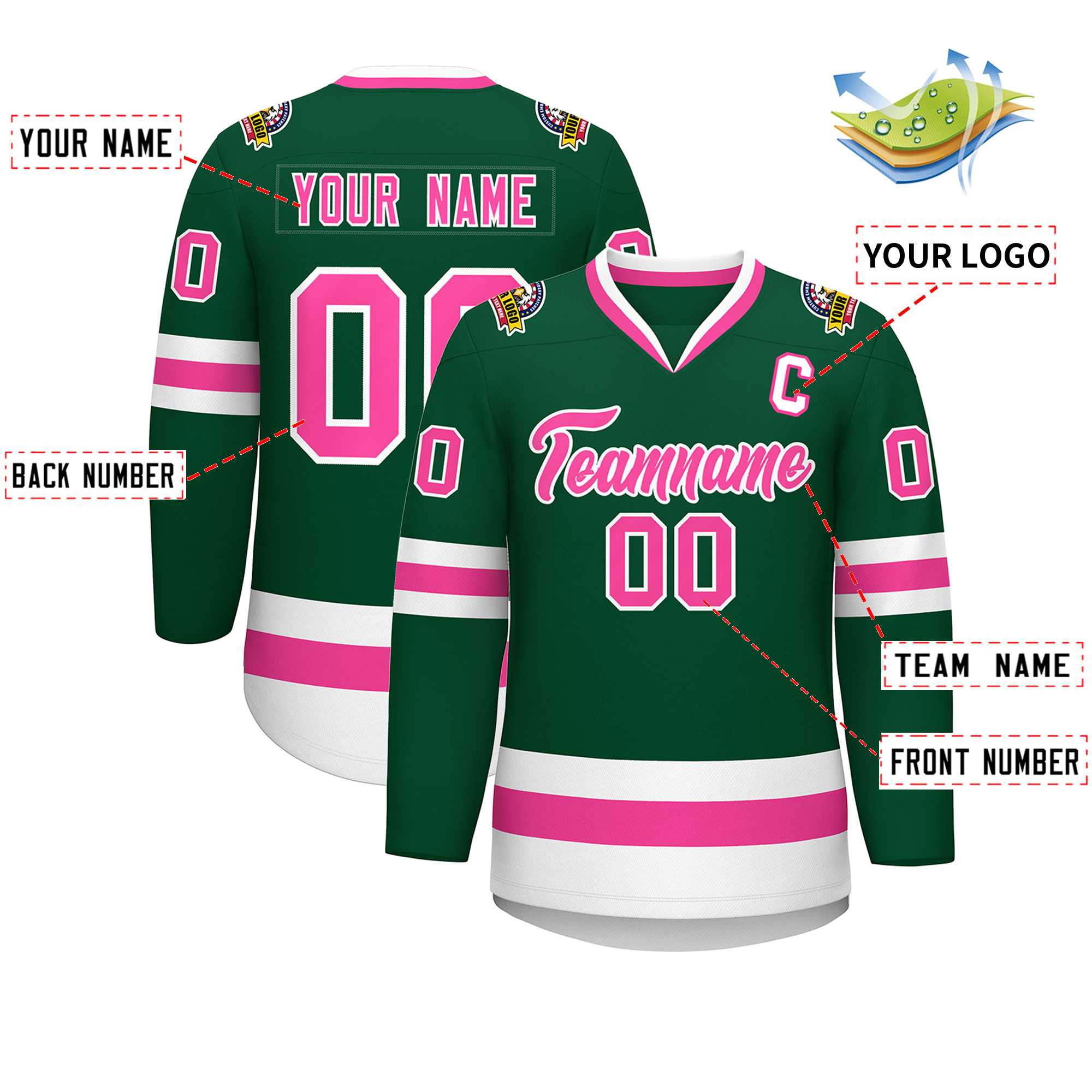 Maillot de hockey de style classique vert rose-blanc personnalisé