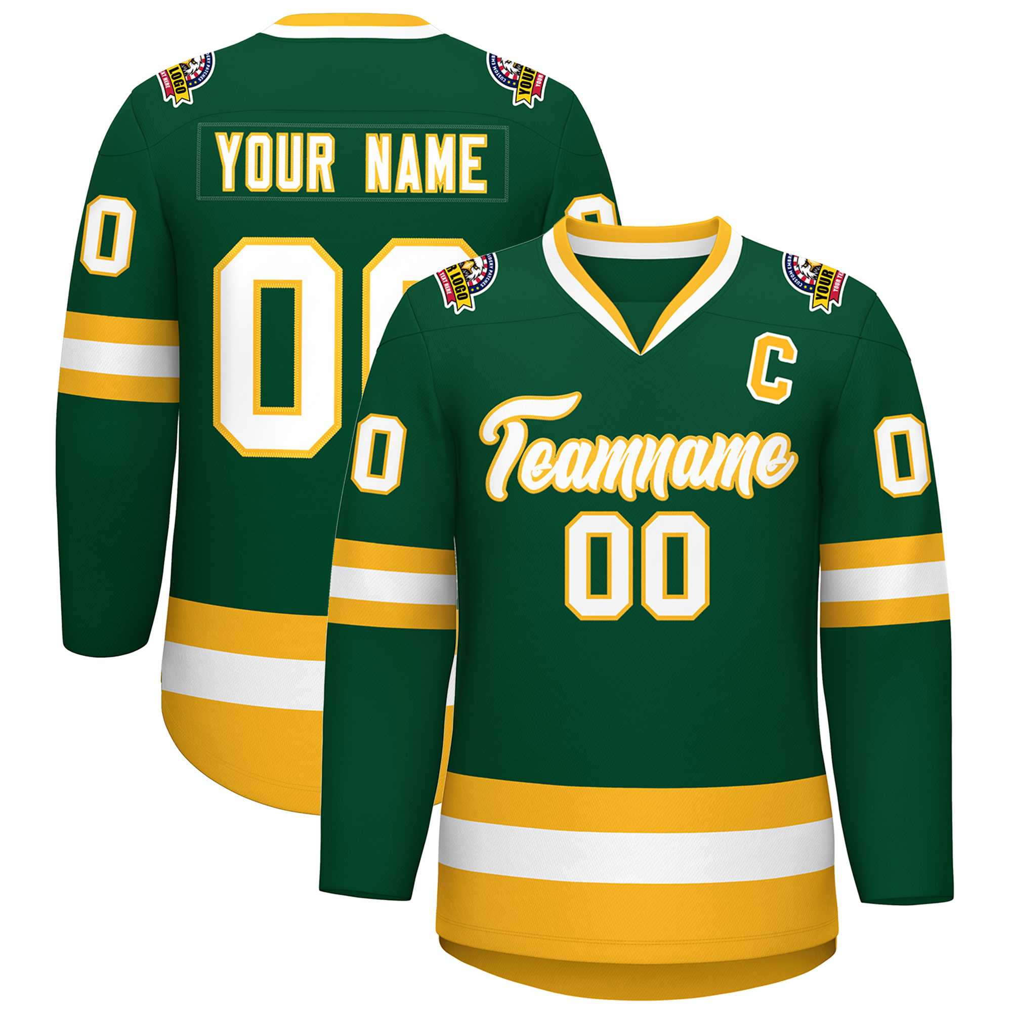 Custom Green White-Gold Classic Style Hockey Jersey