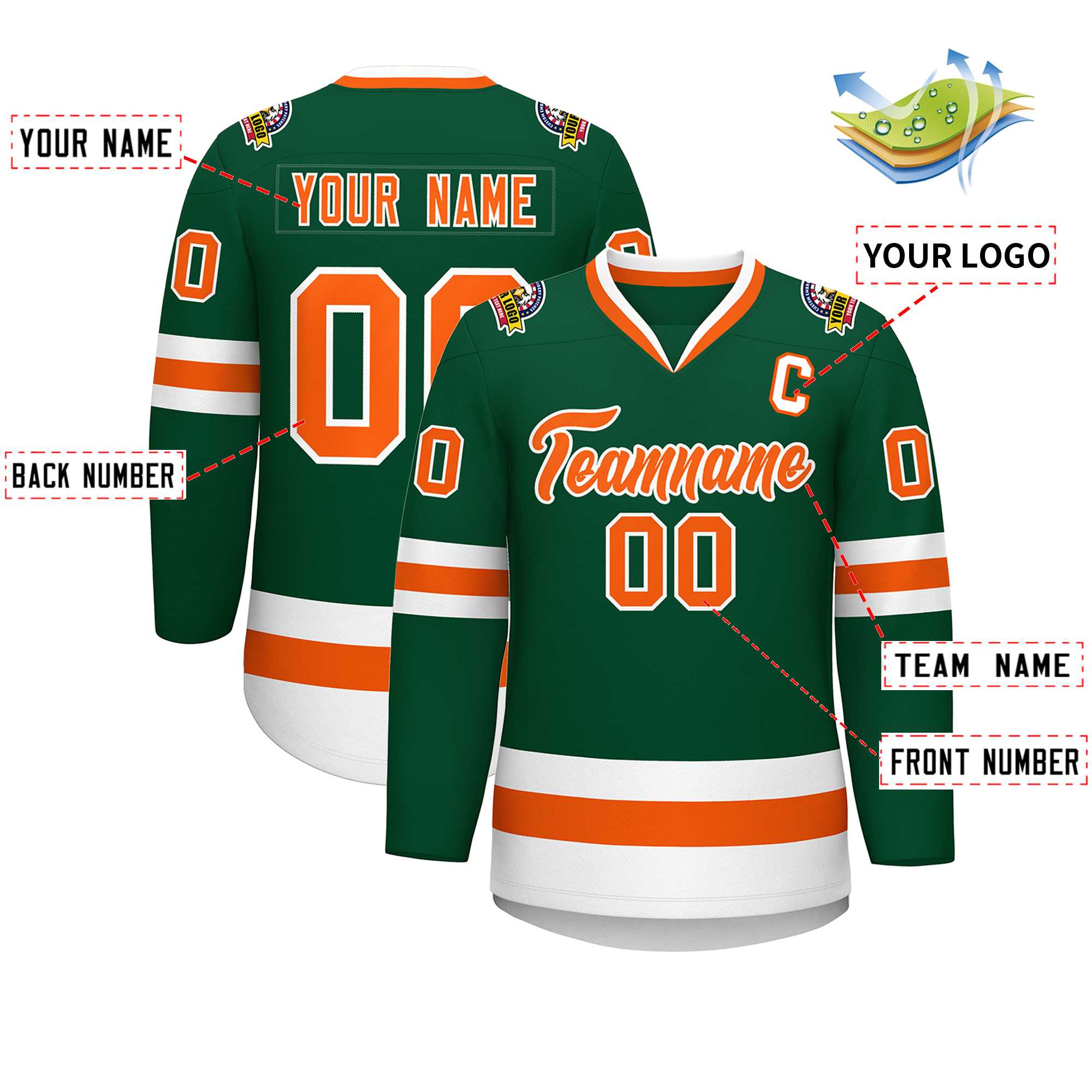 Custom Green Orange-White Classic Style Hockey Jersey