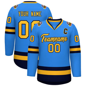 Custom Powder Blue Gold-Navy Classic Style Hockey Jersey