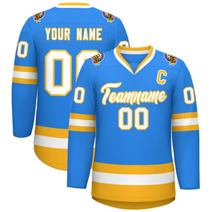 Custom Powder Blue White-Gold Classic Style Hockey Jersey