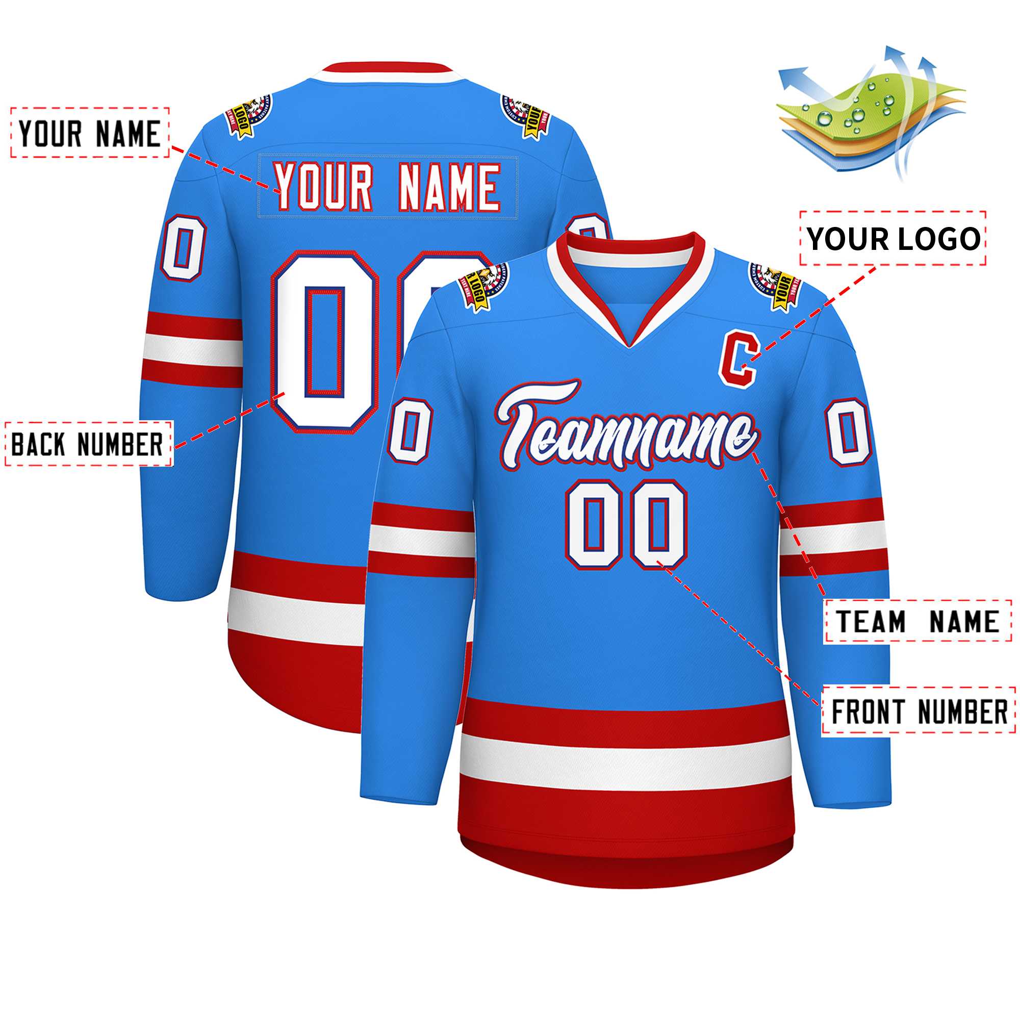 Maillot de hockey de style classique bleu poudre personnalisé blanc royal-rouge