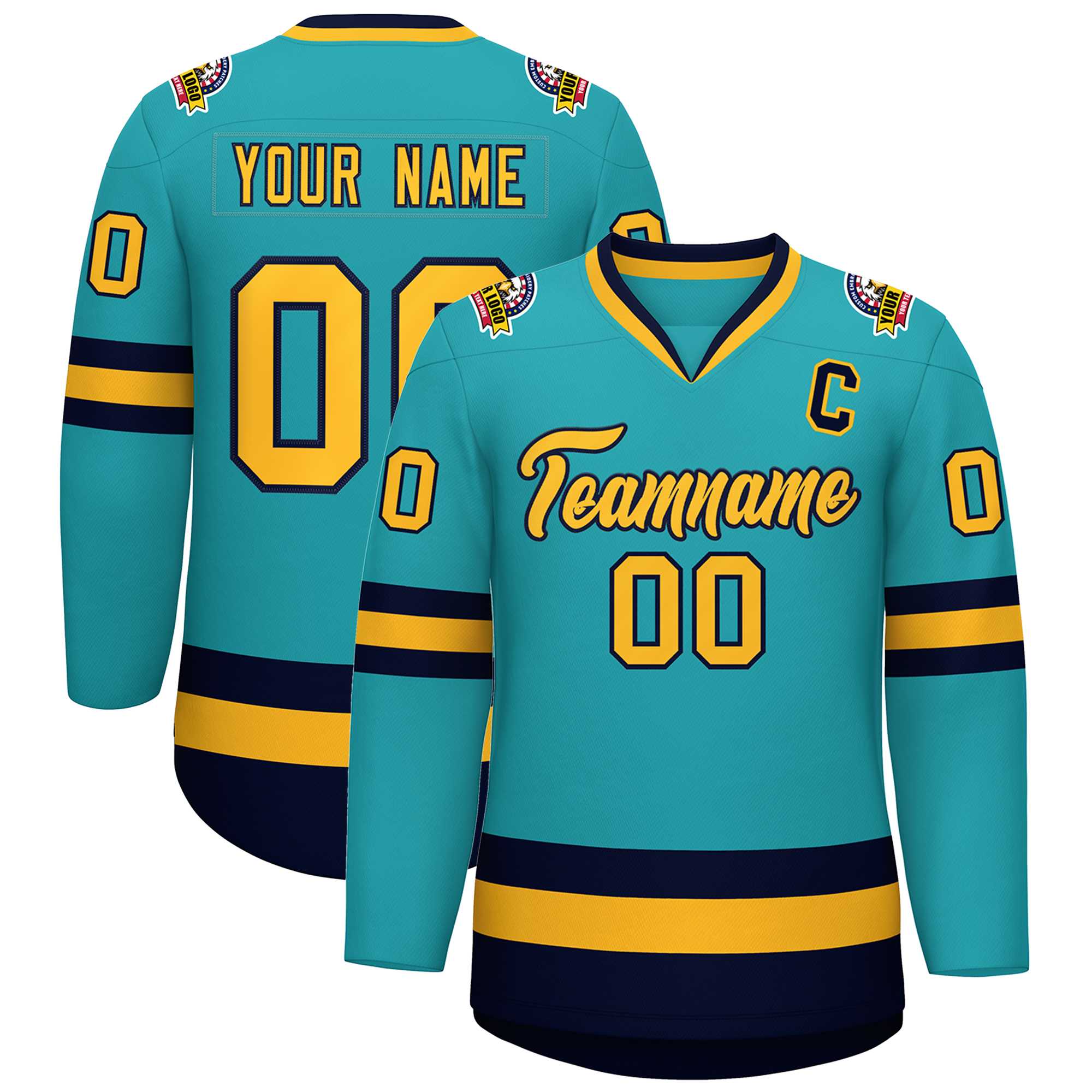 Custom Aqua Gold-Navy Classic Style Hockey Jersey