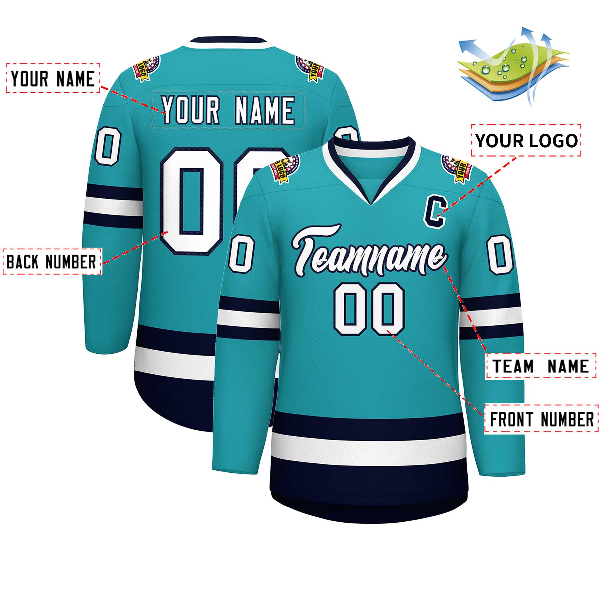 Maillot de hockey de style classique Aqua blanc-marine personnalisé