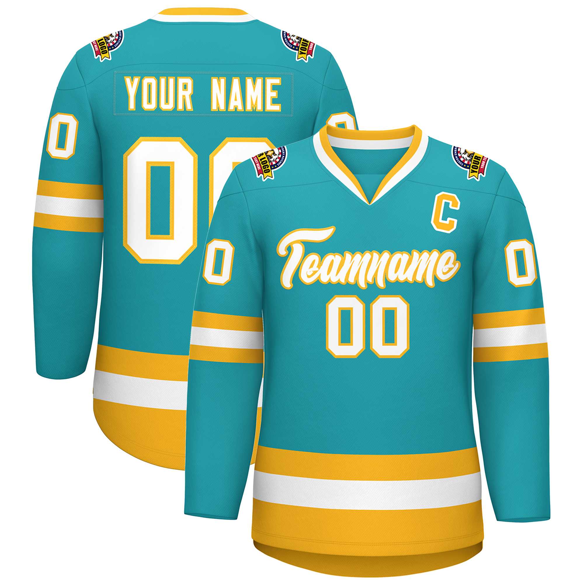 Custom Aqua White-Gold Classic Style Hockey Jersey