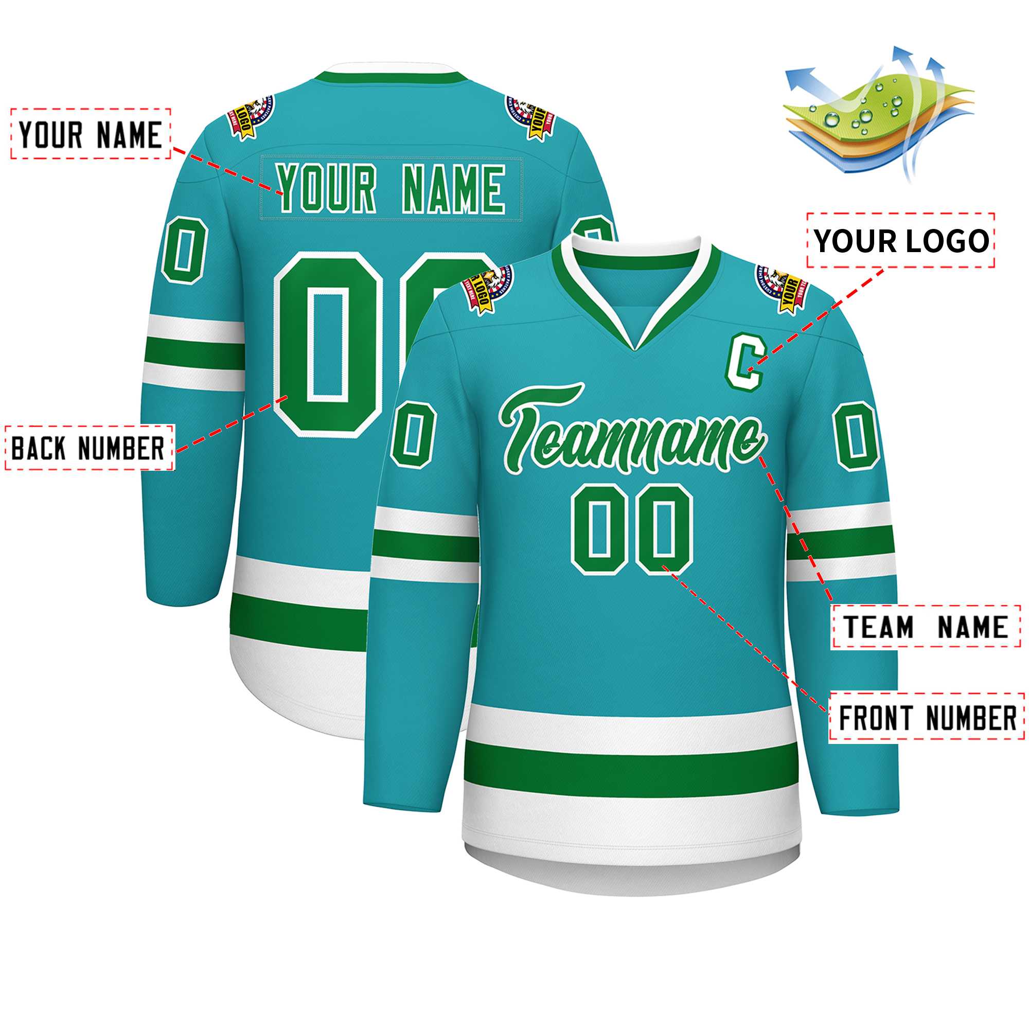 Custom Aqua Kelly Green-White Classic Style Hockey Jersey