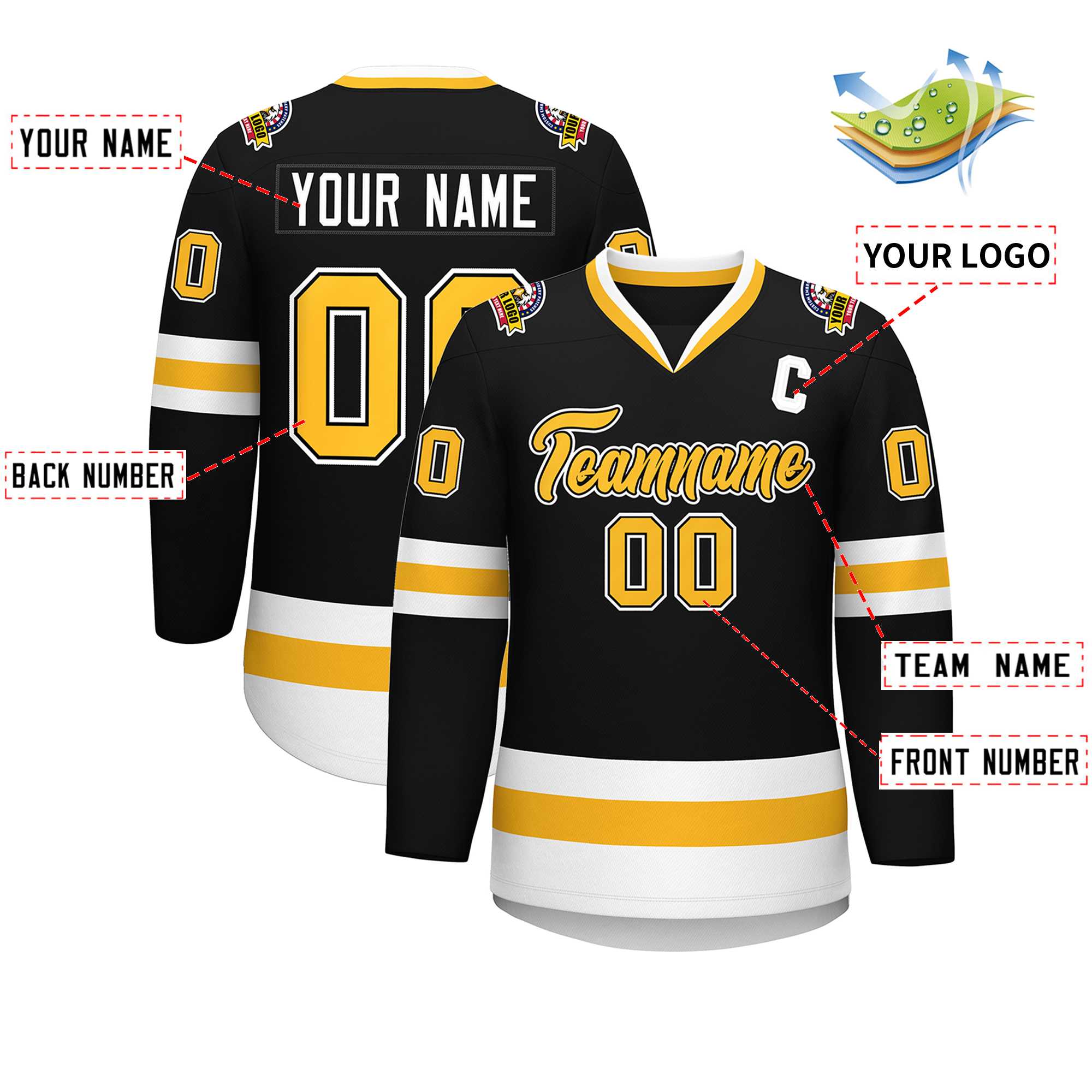 Custom Black Gold Black-White Classic Style Hockey Jersey