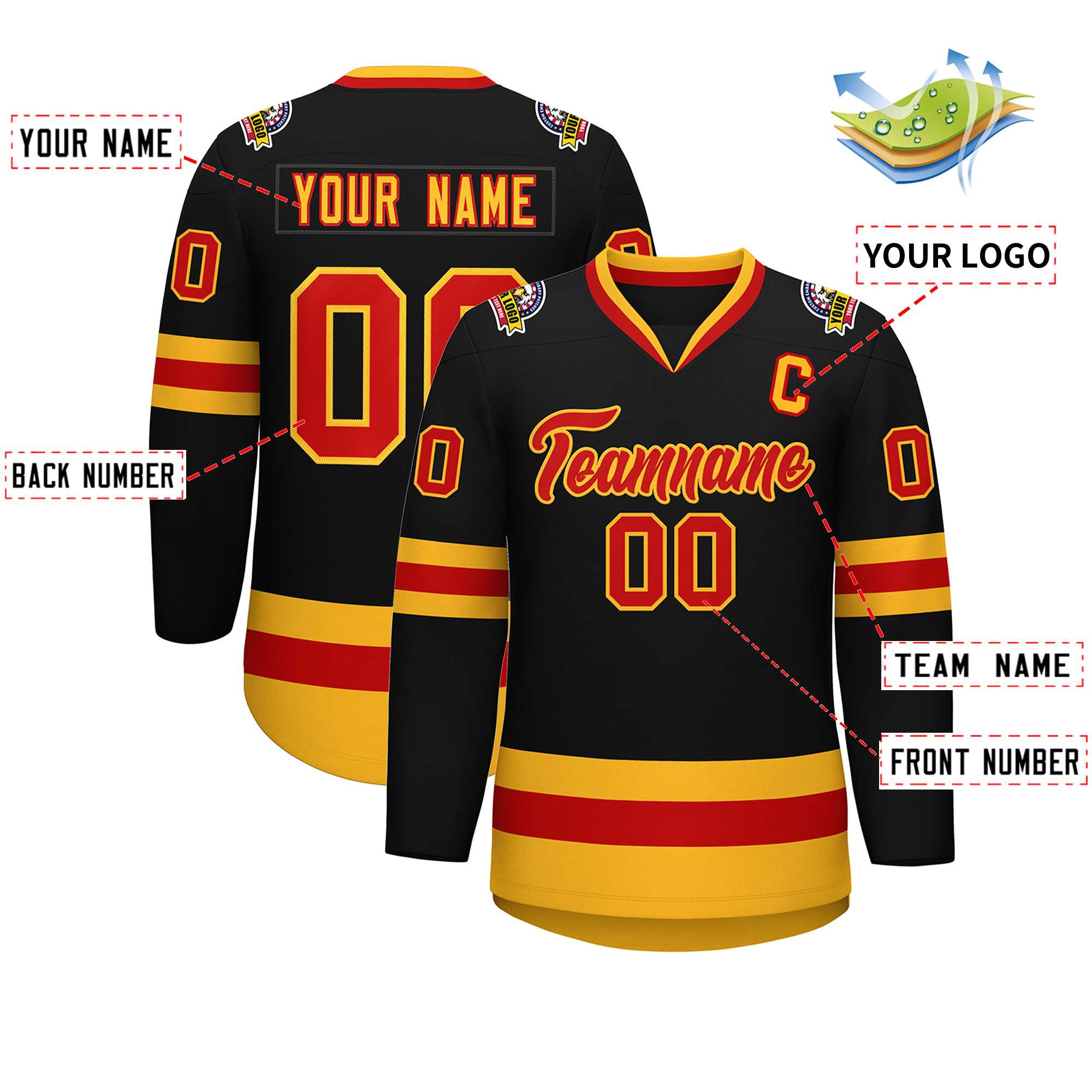 Custom Black Red-Gold Classic Style Hockey Jersey