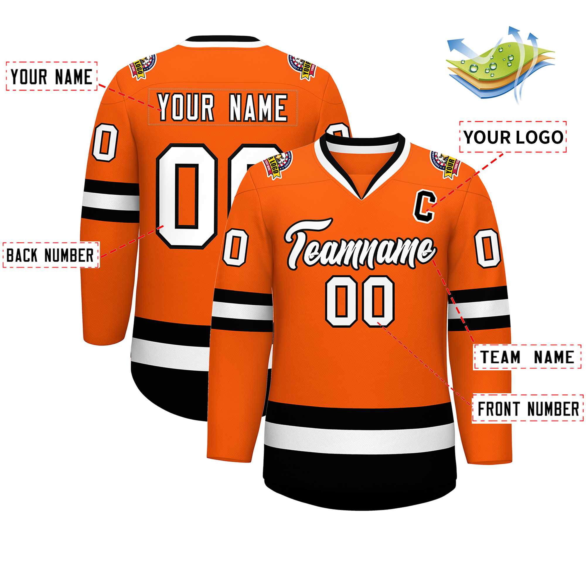 Maillot de hockey de style classique orange blanc-noir personnalisé