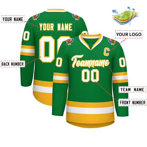 Custom Kelly Green White-Gold Classic Style Hockey Jersey
