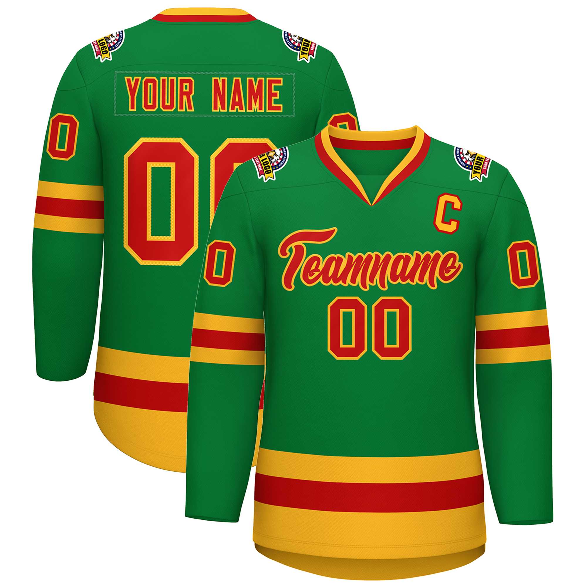 Custom Kelly Green Red-Gold Classic Style Hockey Jersey