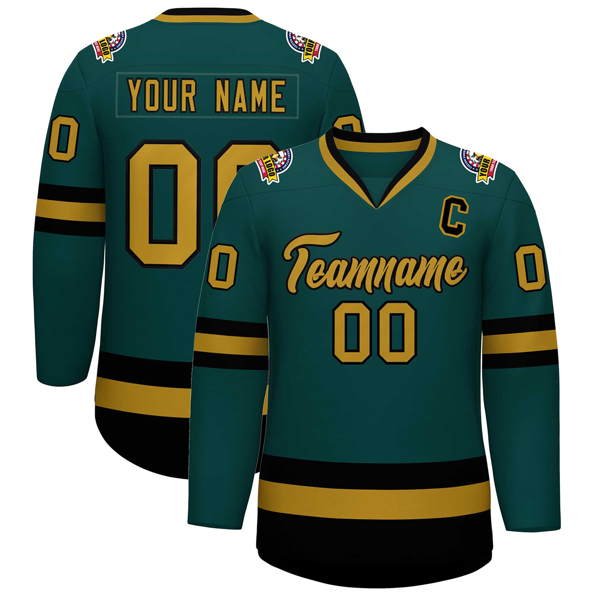 Maillot de hockey personnalisé de style classique, vert minuit, vieux or-noir