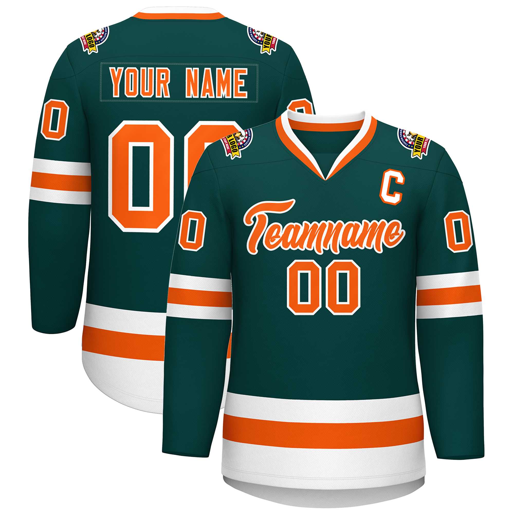 Maillot de hockey de style classique personnalisé vert minuit orange-blanc