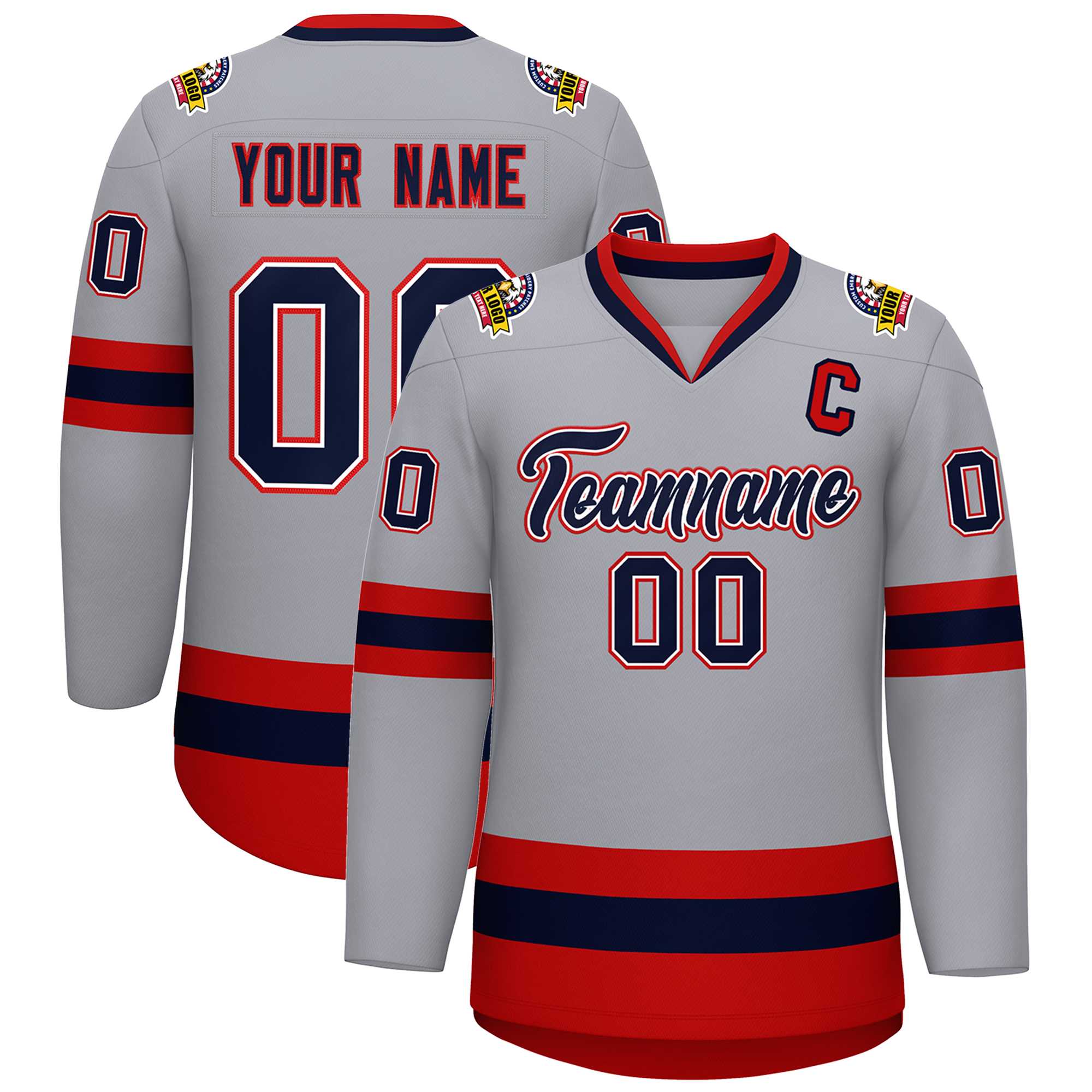 Custom Gray Navy White-Red Classic Style Hockey Jersey