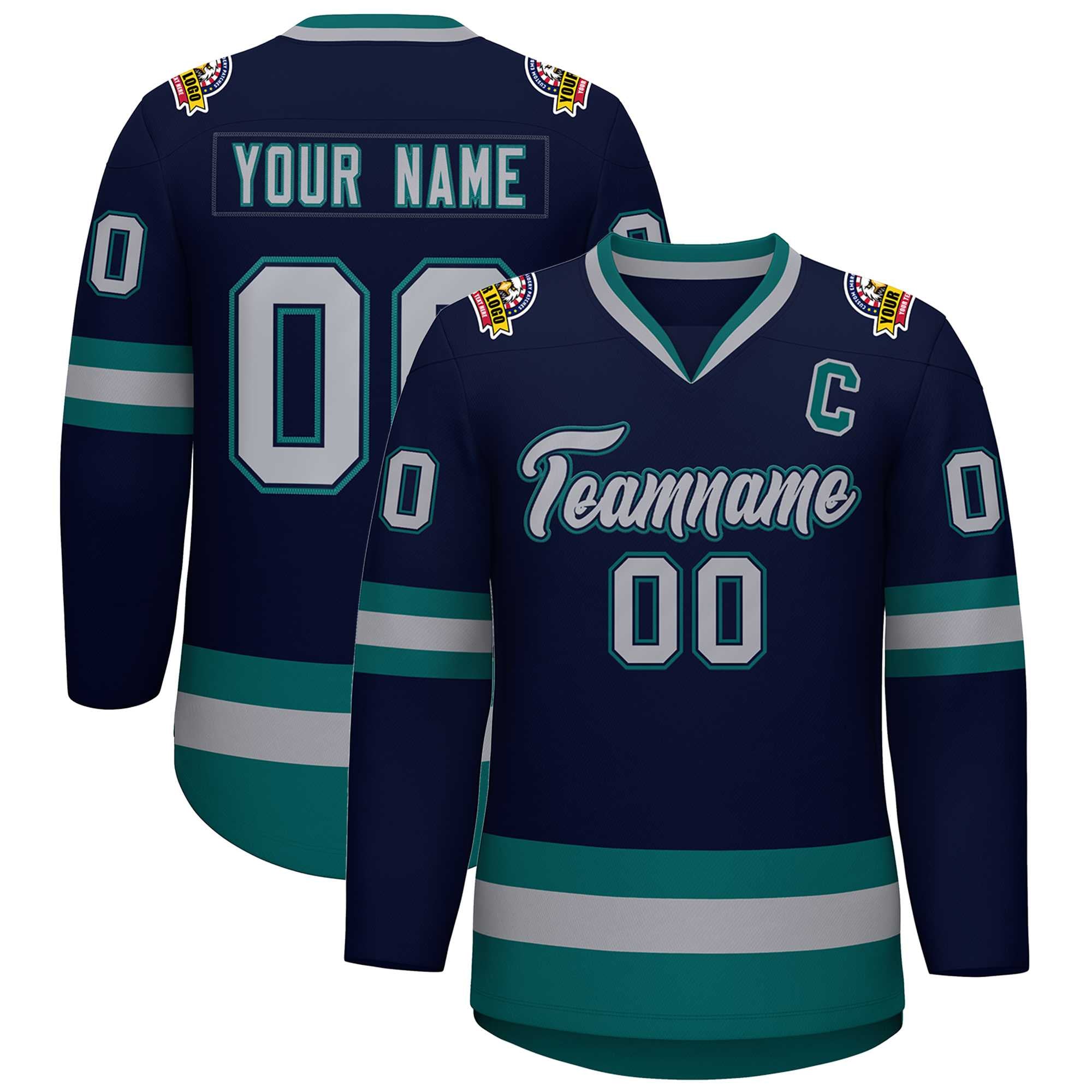 Custom Navy Gray Navy-Aqua Classic Style Hockey Jersey