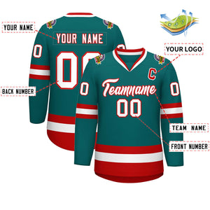 Custom Teal White-Red Classic Style Hockey Jersey