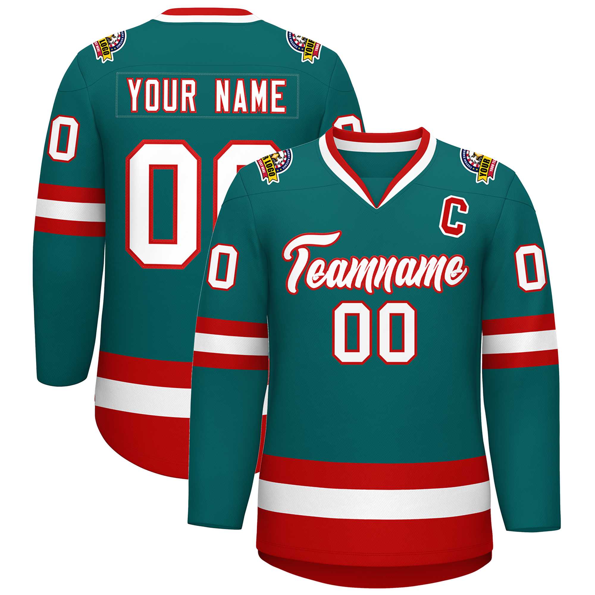 Custom Teal White-Red Classic Style Hockey Jersey