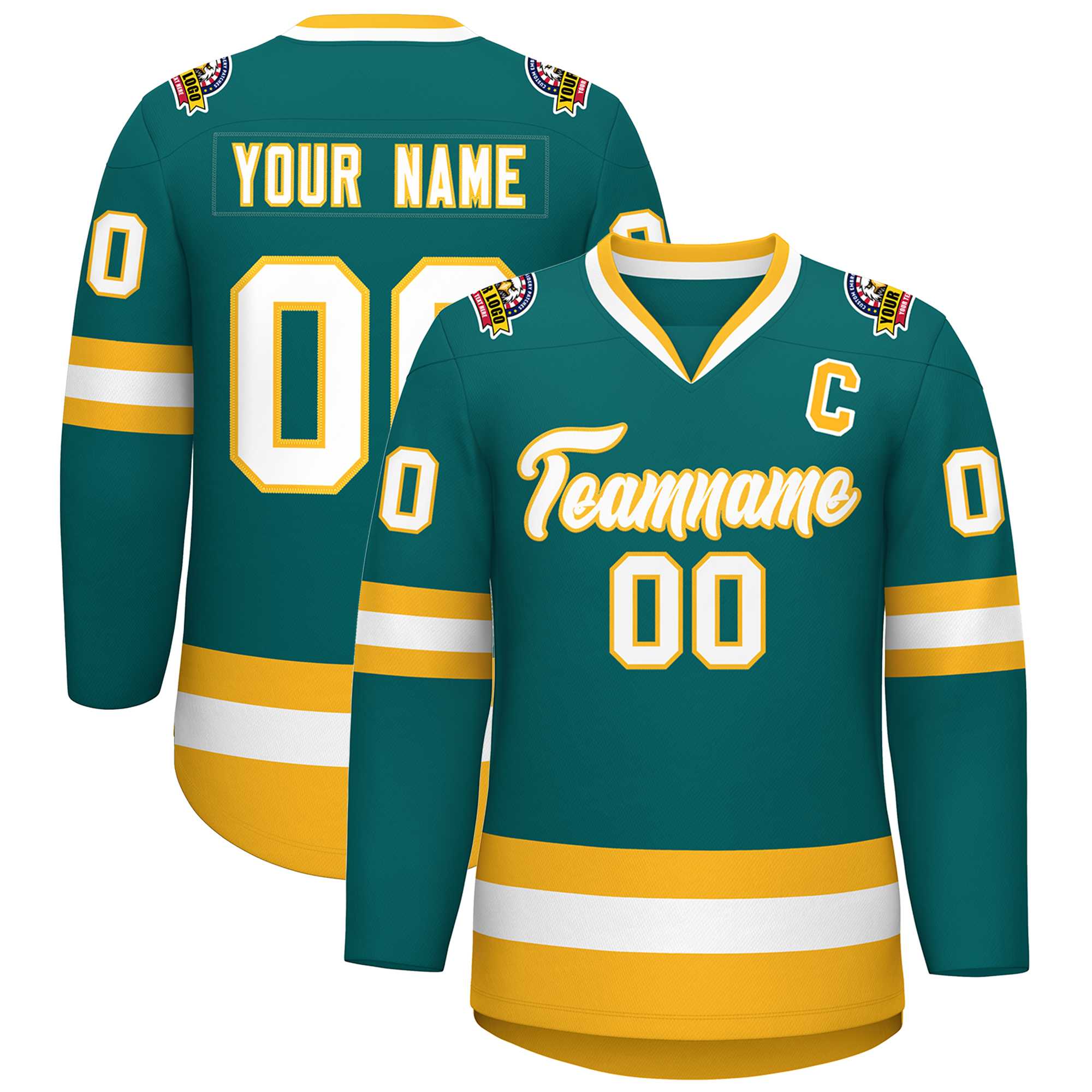 Custom Teal White-Gold Classic Style Hockey Jersey