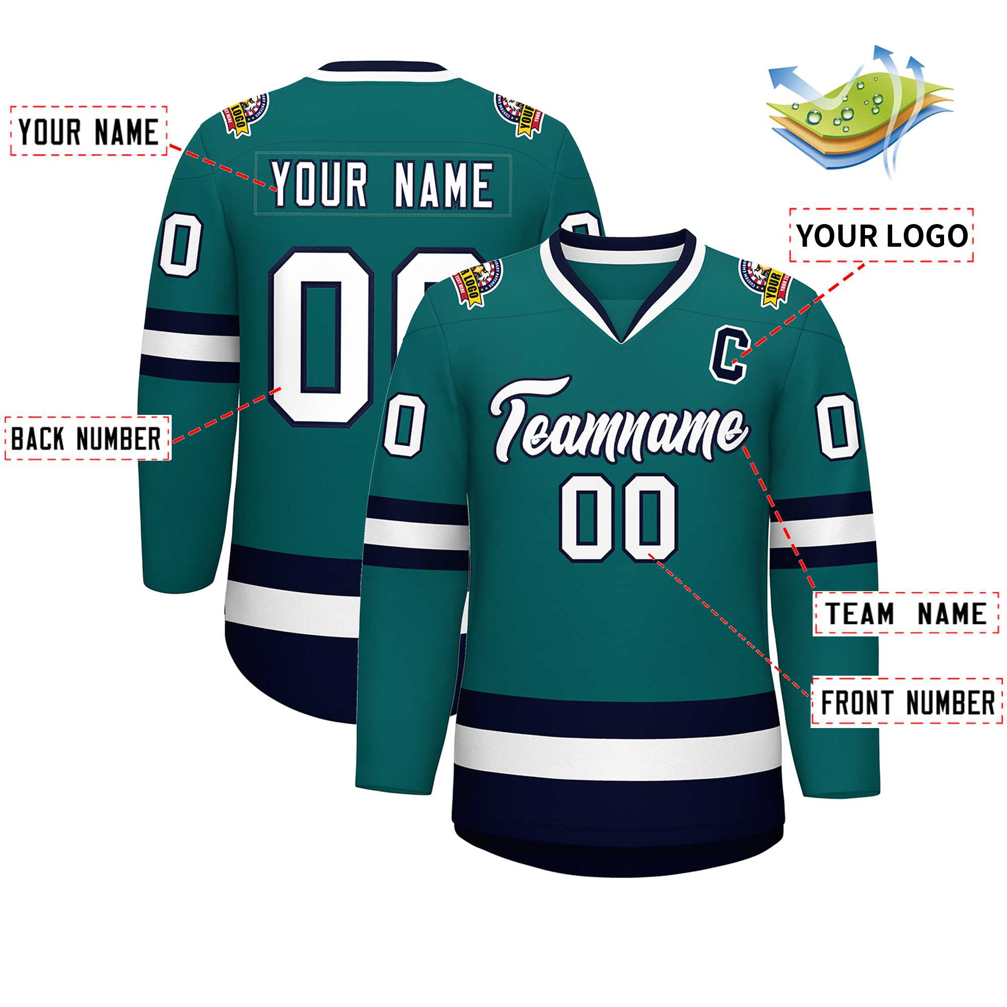 Custom Teal White-Navy Classic Style Hockey Jersey