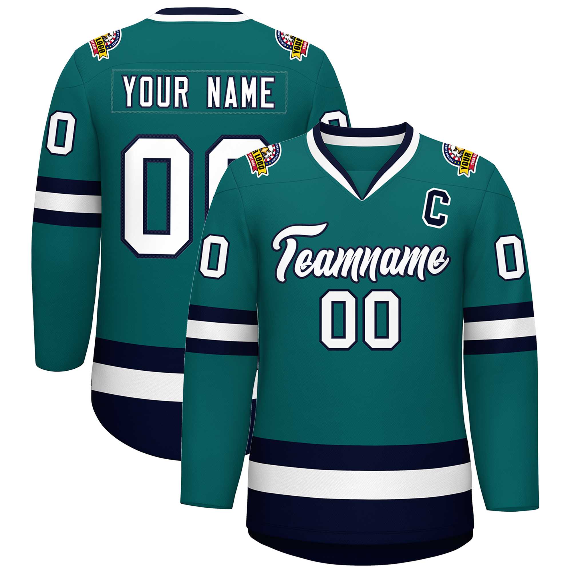 Custom Teal White-Navy Classic Style Hockey Jersey