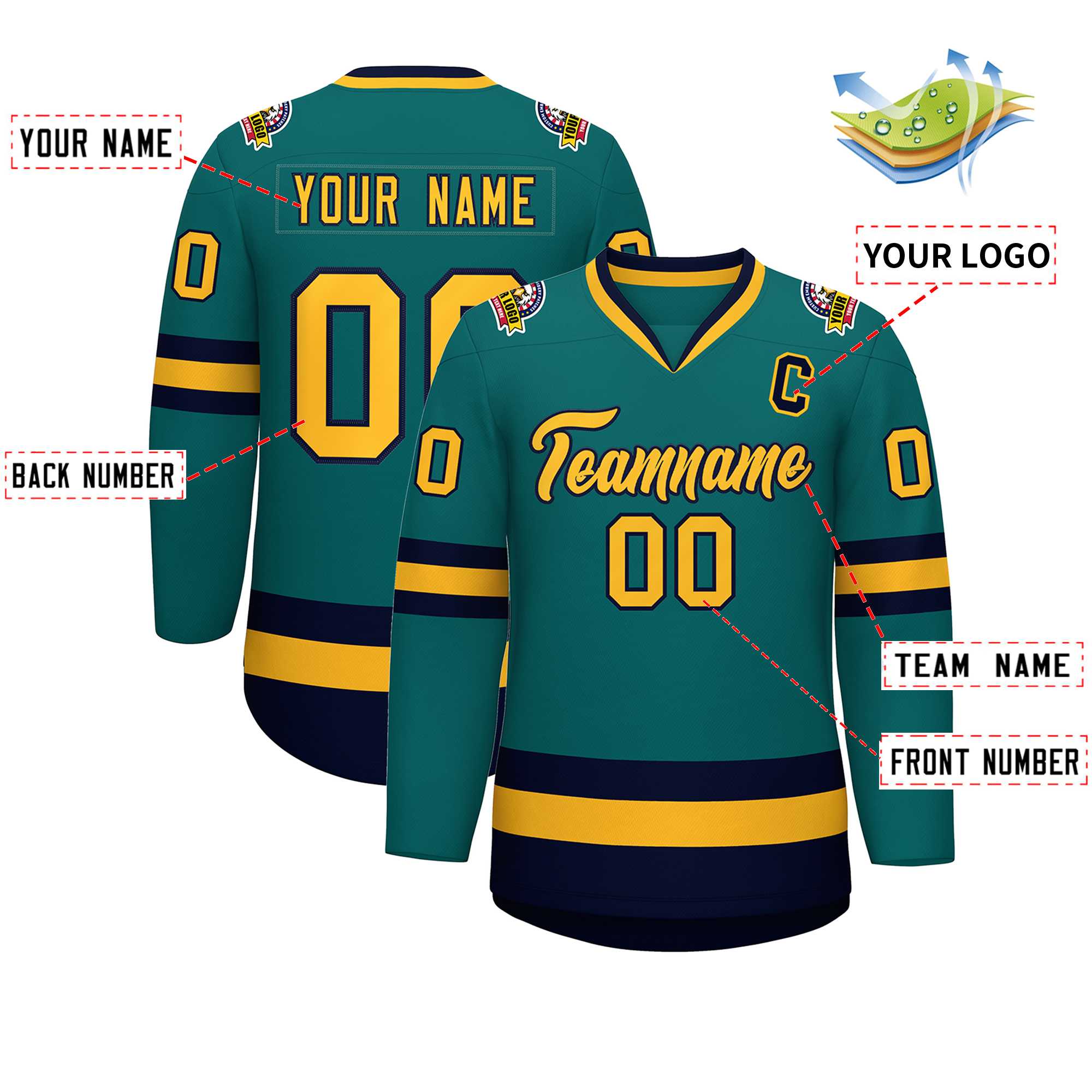 Custom Teal Gold-Navy Classic Style Hockey Jersey