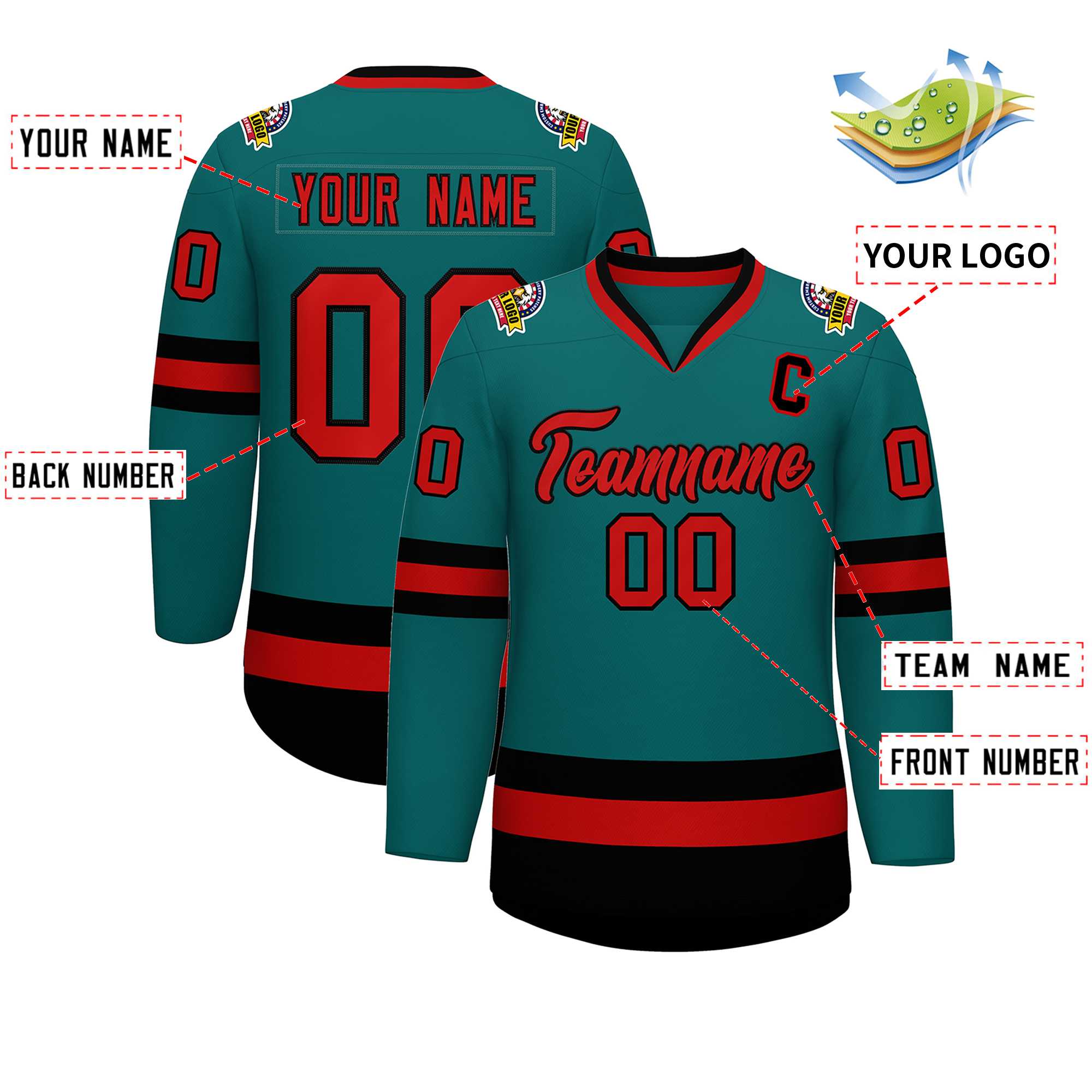 Custom Teal Red-Black Classic Style Hockey Jersey