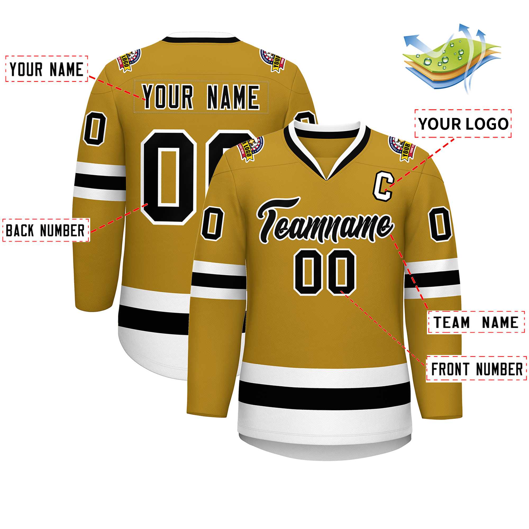 Maillot de hockey de style classique personnalisé Old Gold noir-blanc