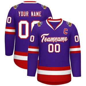 Maillot de hockey de style classique violet blanc-rouge personnalisé