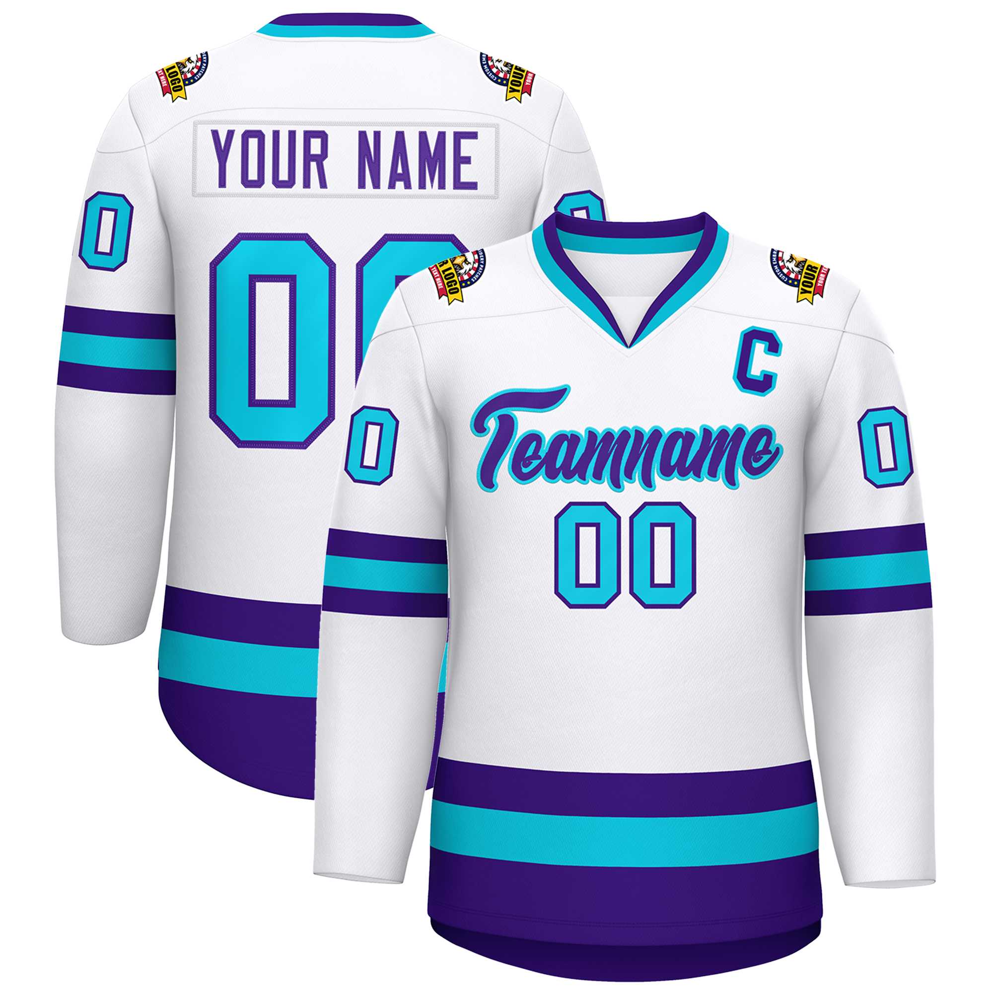 Custom White Purple-Powder Blue Classic Style Hockey Jersey