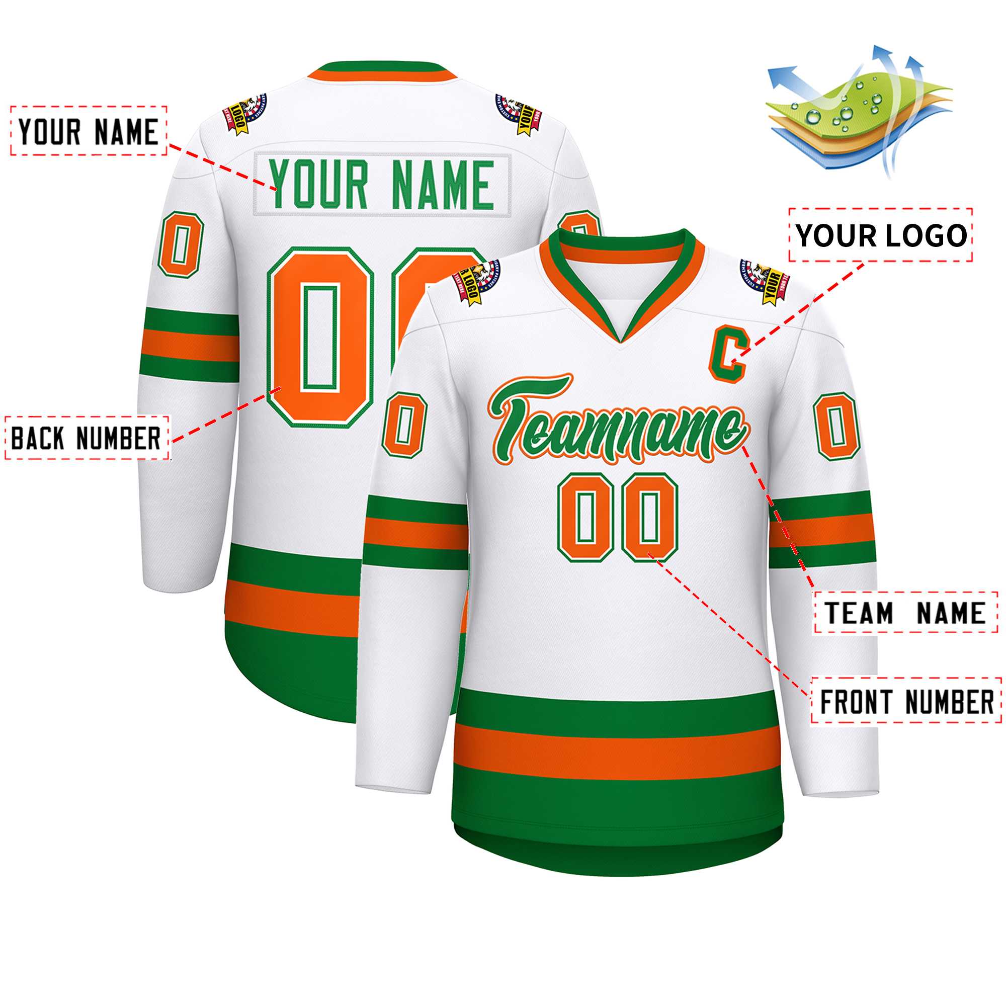 Custom White Kelly Green White-Orange Classic Style Hockey Jersey