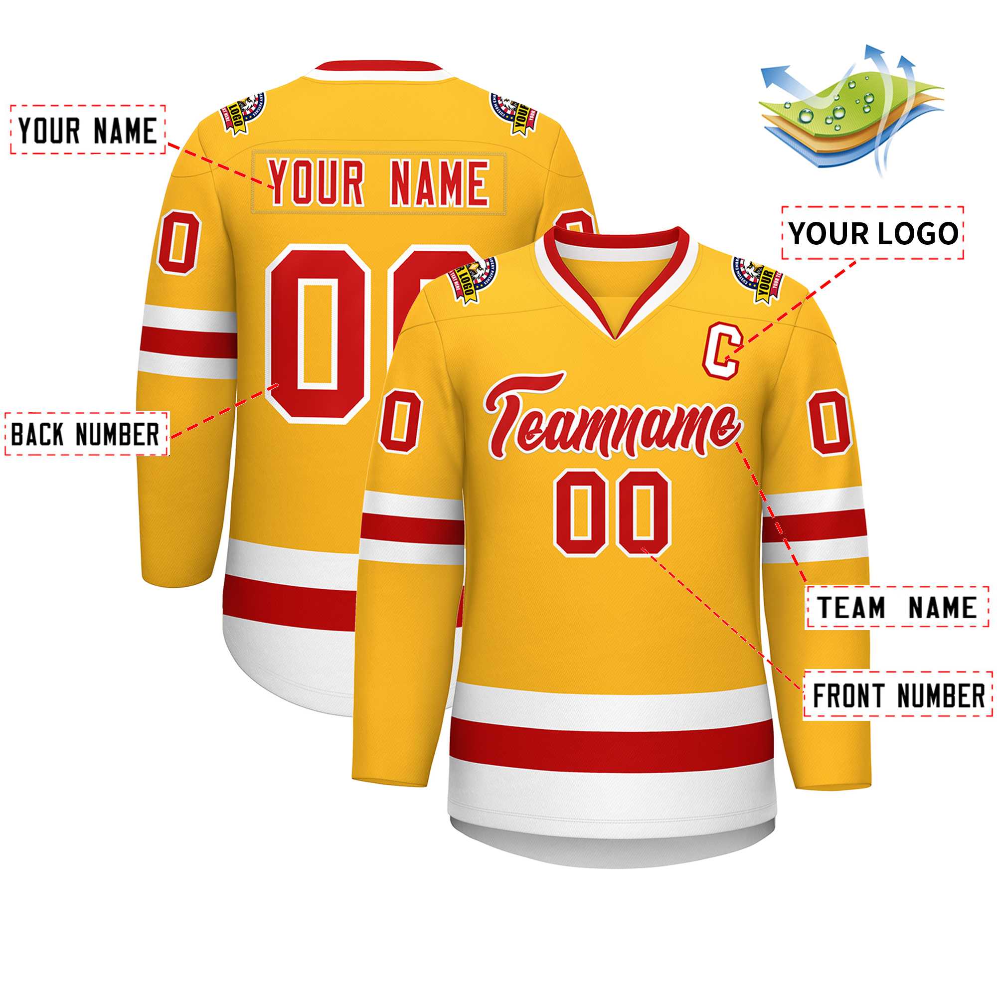 Custom Gold Red-White Classic Style Hockey Jersey