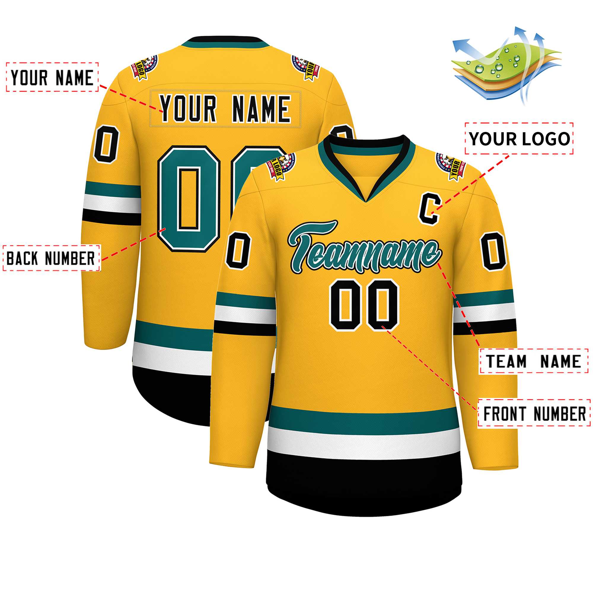 Custom Gold Aqua White-Black Classic Style Hockey Jersey