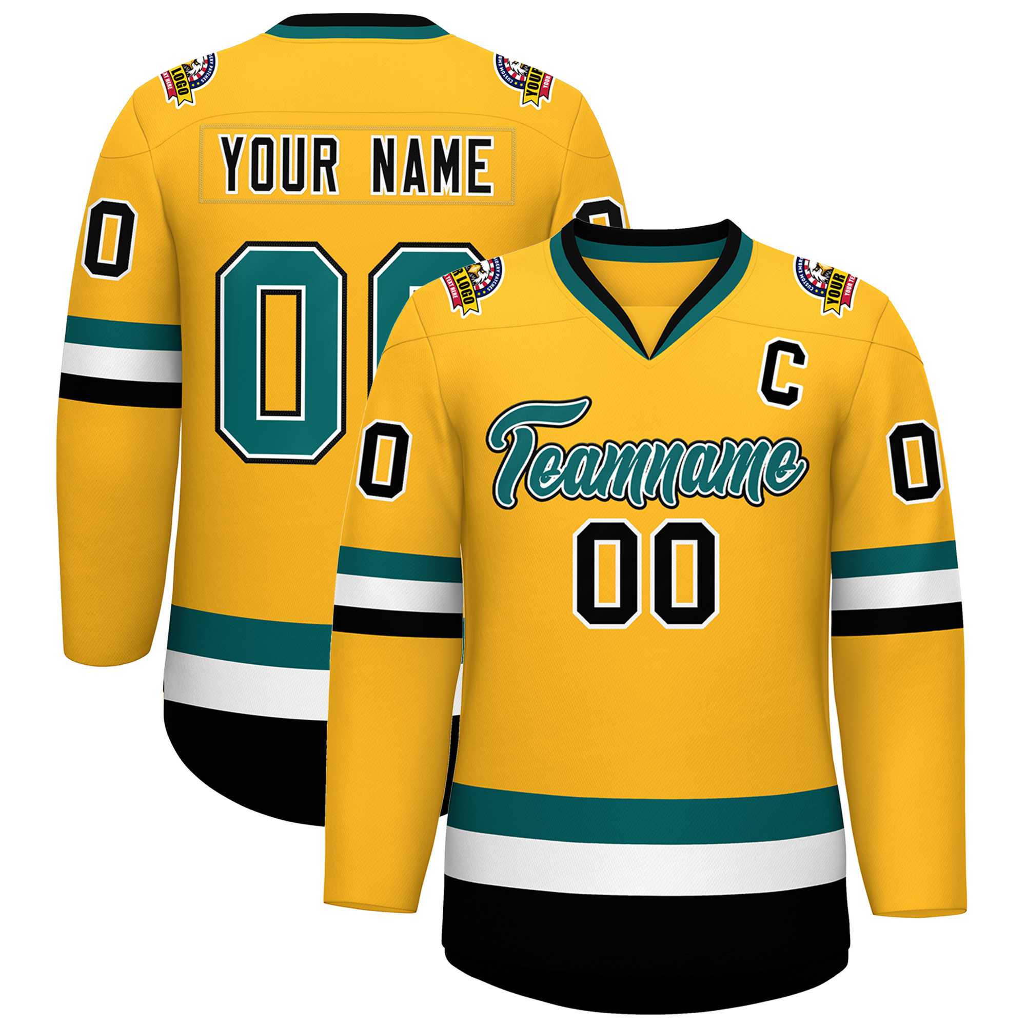 Maillot de hockey de style classique personnalisé Gold Aqua blanc-noir