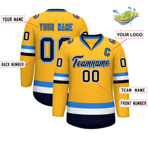 Custom Gold Navy White-Powder Blue Classic Style Hockey Jersey