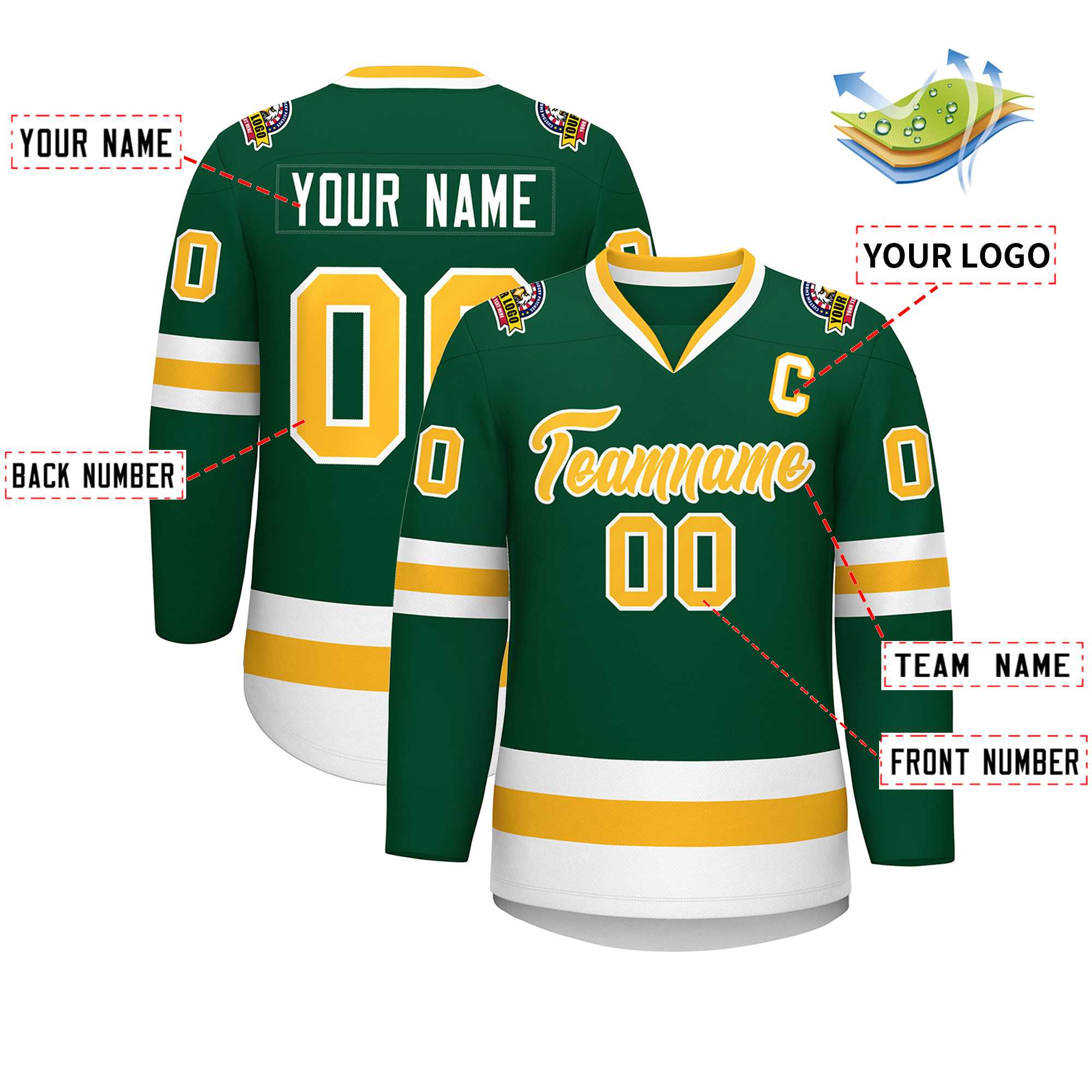 Custom Green Gold-White Classic Style Hockey Jersey