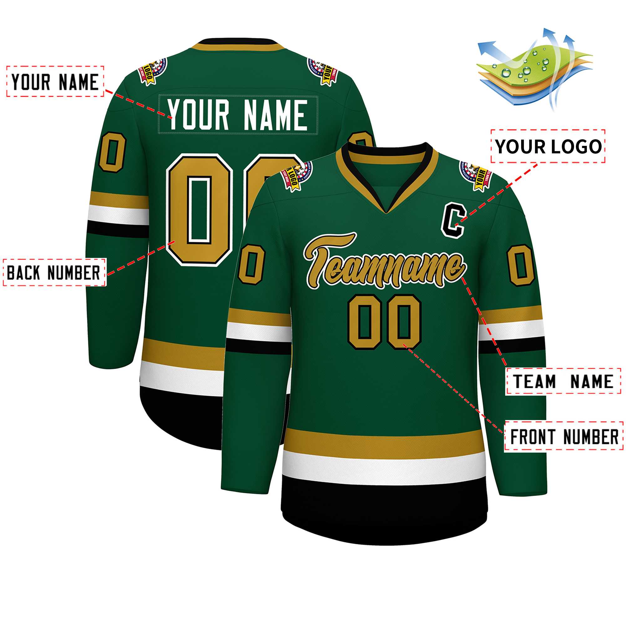 Custom Green Old Gold Black-White Classic Style Hockey Jersey