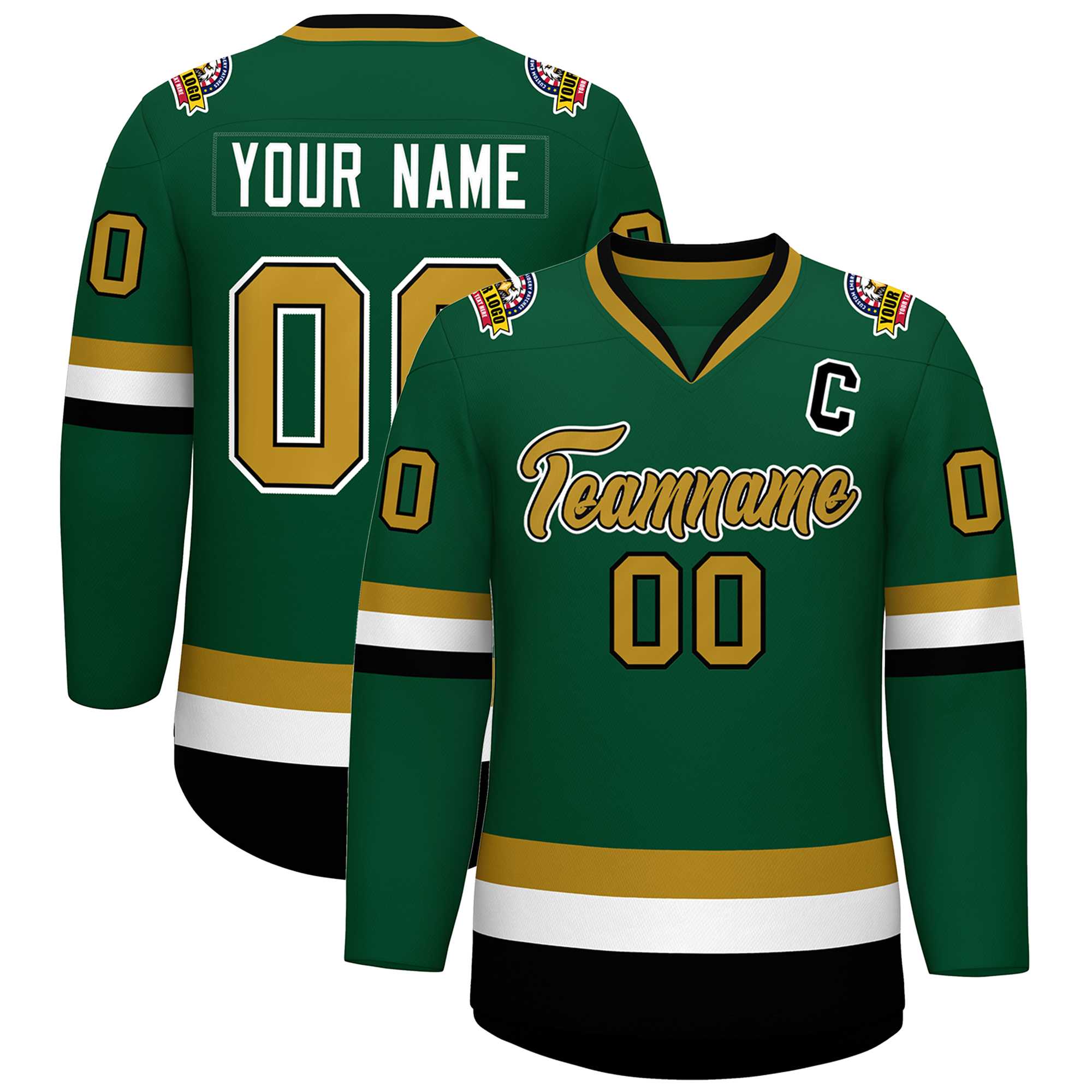 Custom Green Old Gold Black-White Classic Style Hockey Jersey