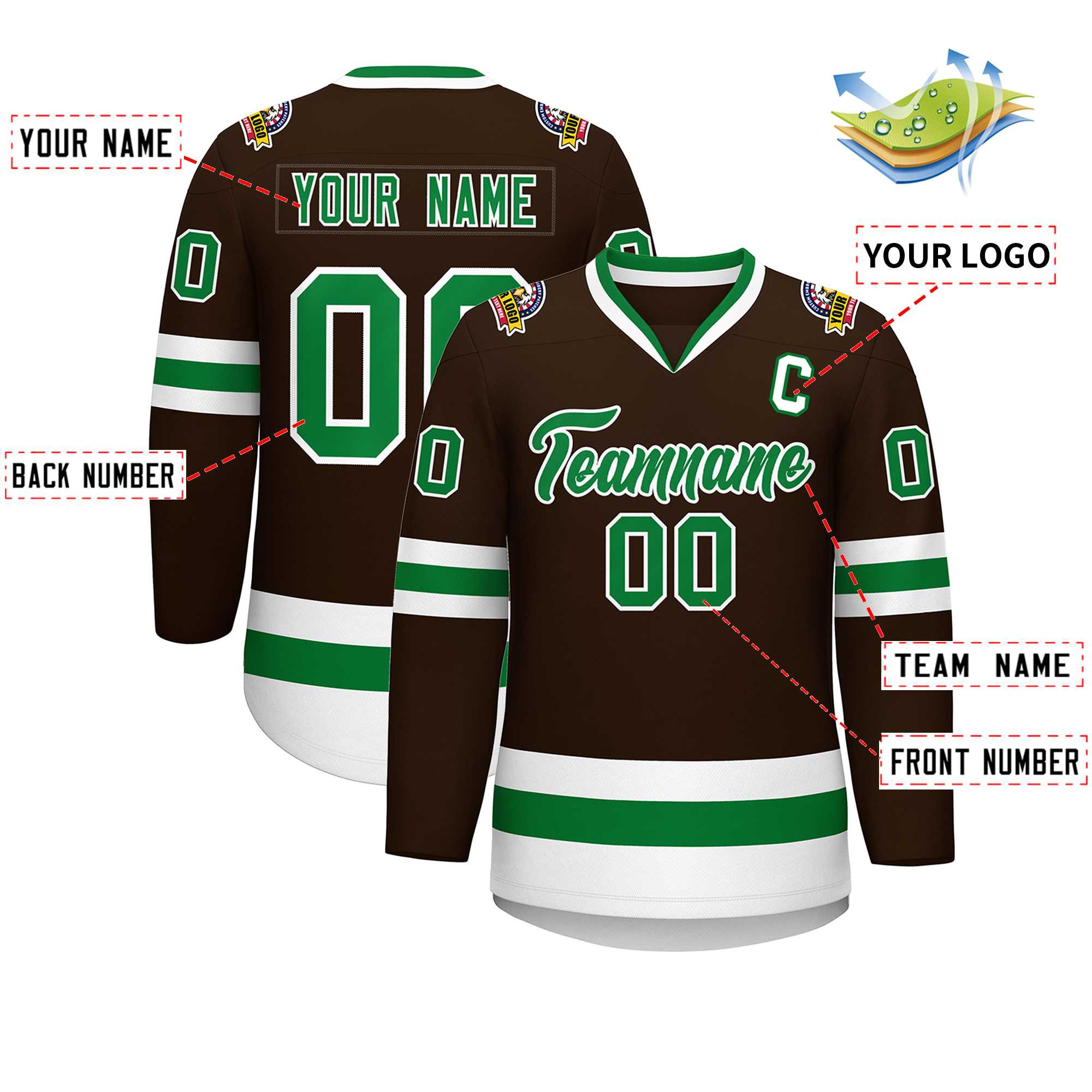 Maillot de hockey de style classique marron Kelly vert-blanc personnalisé