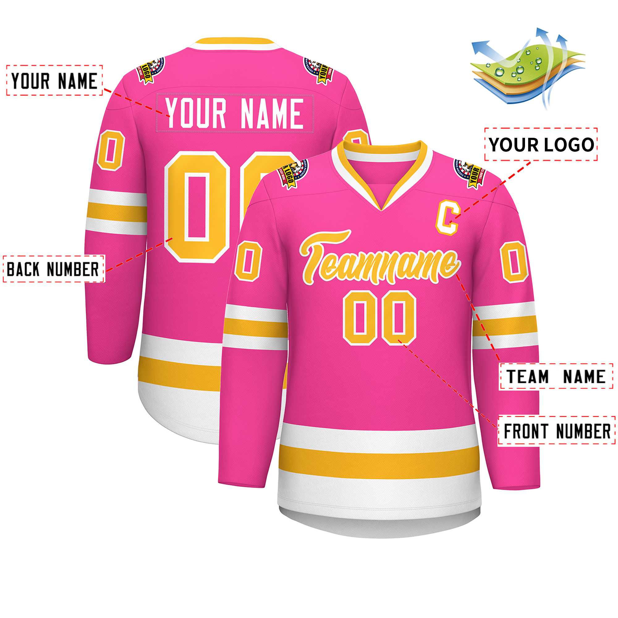 Custom Pink Gold-White Classic Style Hockey Jersey