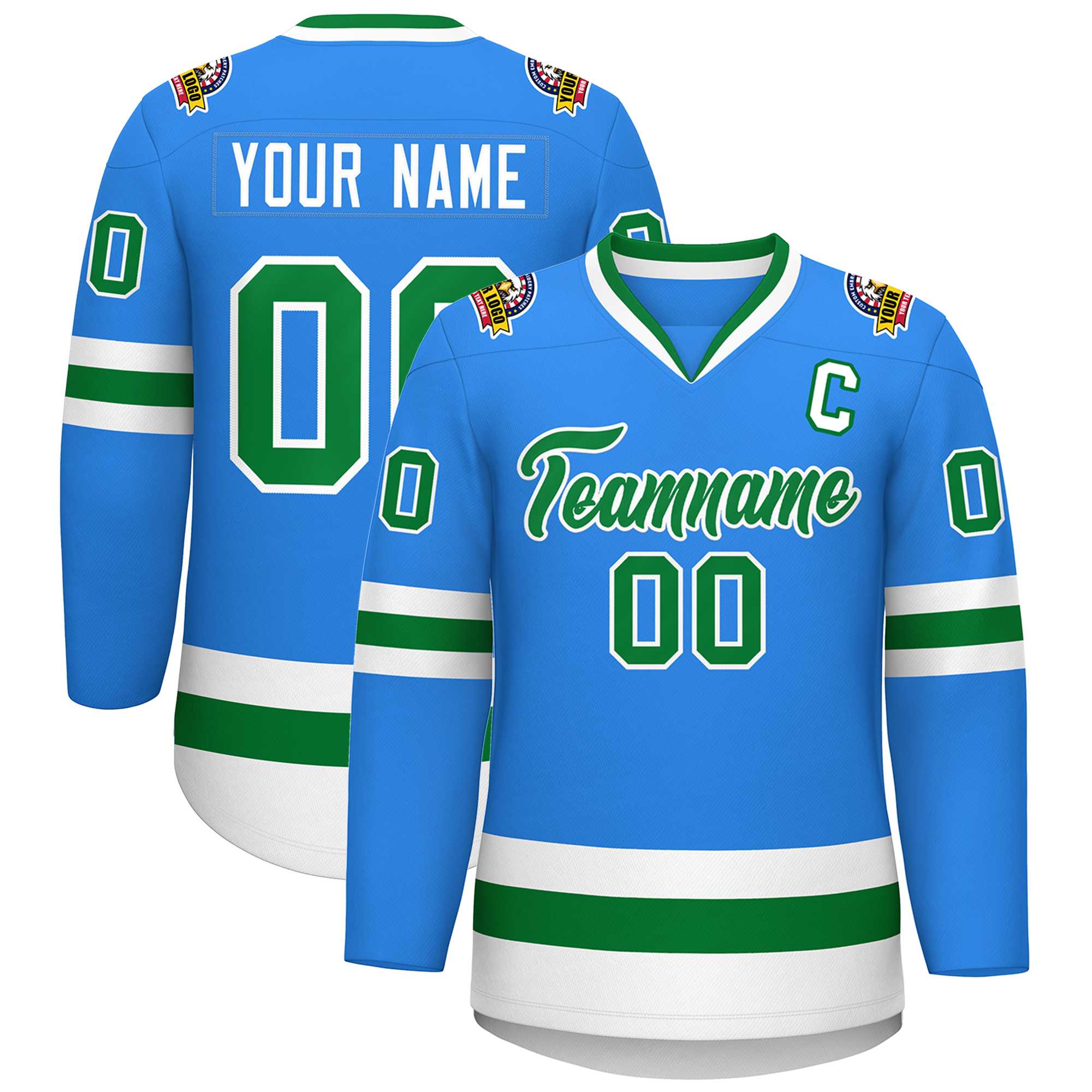 Custom Powder Blue Kelly Green-White Classic Style Hockey Jersey