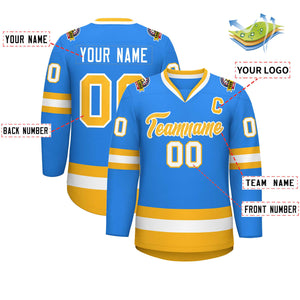 Custom Powder Blue Gold-White Classic Style Hockey Jersey