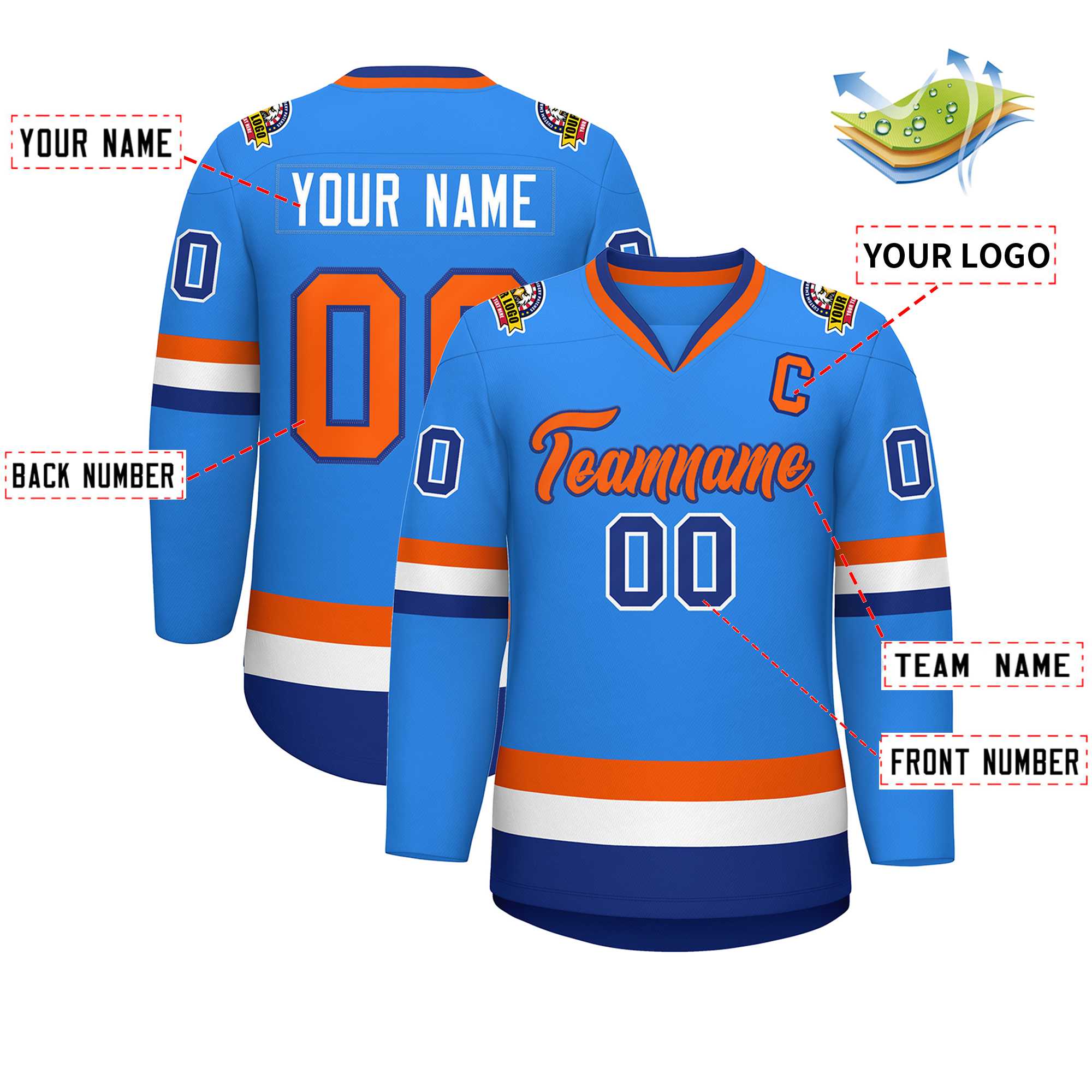 Custom Powder Blue Orange-Royal Classic Style Hockey Jersey