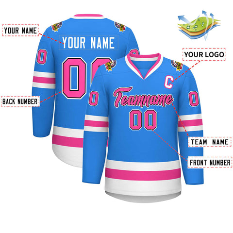 Custom Powder Blue Pink Black-White Classic Style Hockey Jersey
