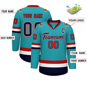 Custom Aqua Navy White-Red Classic Style Hockey Jersey