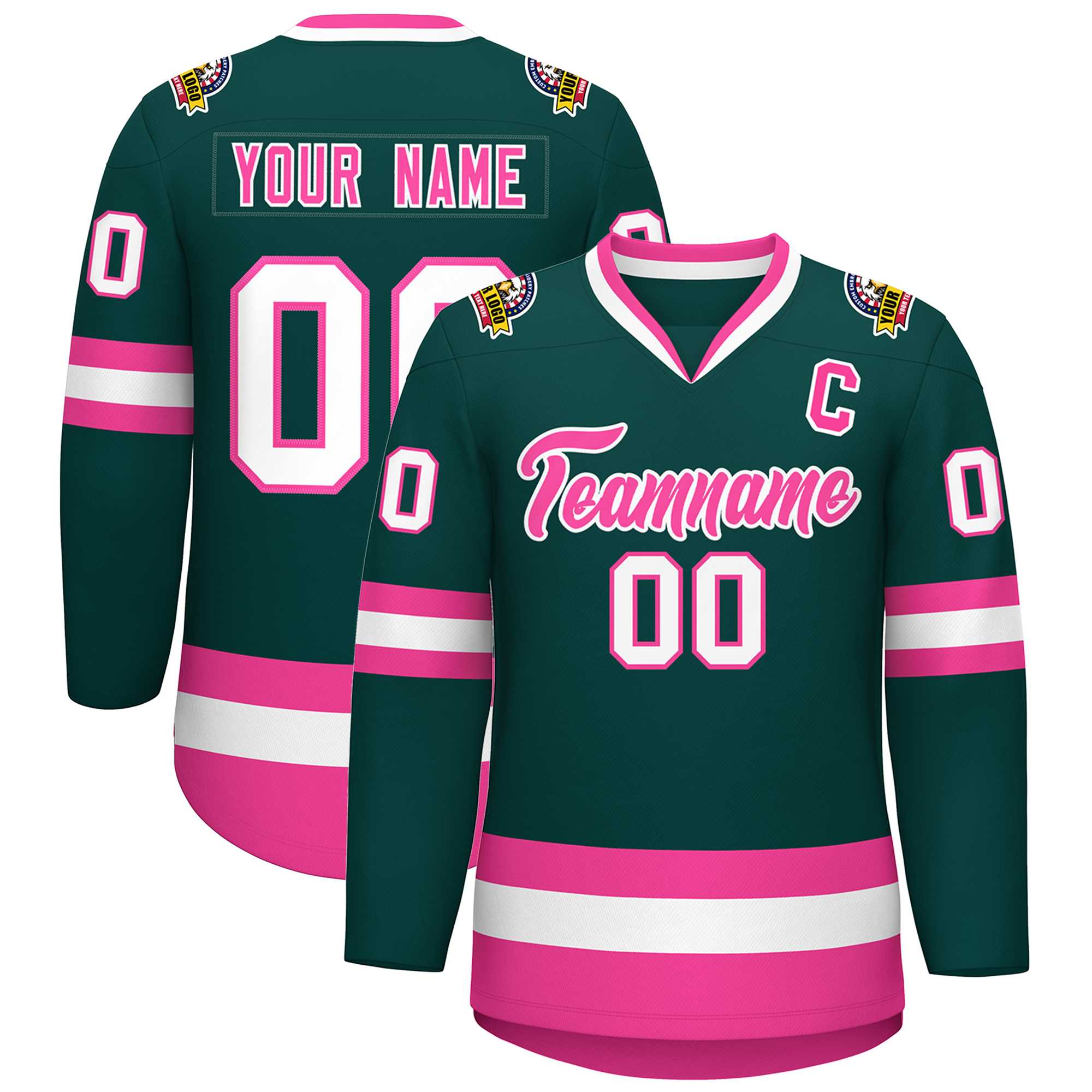 Maillot de hockey de style classique personnalisé vert minuit rose-blanc