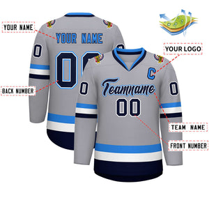 Maillot de hockey personnalisé gris marine blanc-bleu poudre, style classique