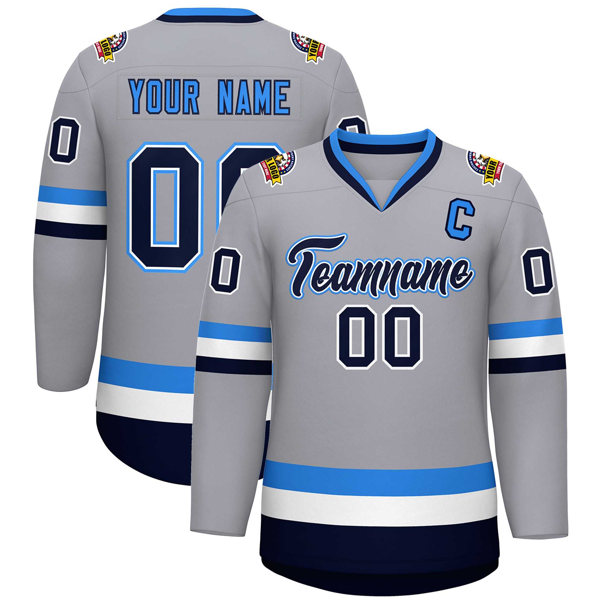 Custom Gray Navy White-Powder Blue Classic Style Hockey Jersey